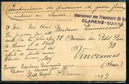 SUISSE - CP AVEC " INTERNEMENT DES PRISONNIERS DE GUERRE / CLARENS - SUISSE " POUR VINCENNES - TB - Postmarks