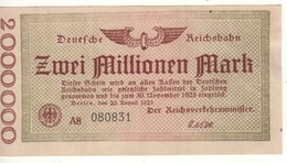 GERMANY  2 Millionen Mark   Deutche Reichbahn  Dated  20.8.1923 - 2 Mio. Mark