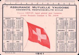 Publicité Assurance Mutuelle Vaudoise, Buvard Et Calendrier 1941, Drapeau Suisse (1941) Format 10,5x15 - Banque & Assurance