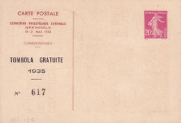 Carte Semeuse Camée 20 C Lilas Rose I3e  Expo Grenoble  Surchargée Tombola Neuve - Cartes Postales Repiquages (avant 1995)