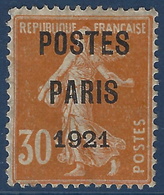 FRANCE Préoblitéré N°29a Orange Fonçé Sans Gomme POSTES PARIS 1921 Superbe Signé Calves - 1893-1947