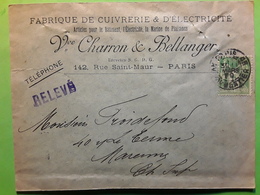 Lettre En Tête FABRIQUE CUIVRERIE ÉLECTRICITÉ Charron & Bellanger Obl PARIS AV PARMENTIER, SAGE 5c No 106 > Marennes - 1849-1876: Classic Period