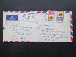 Sri Lanka Ceylon 1969 Air Mail / Luftpost Einschreiben Gestempelter R Zettel Kadirapola Nach Dresden Mit 8 Stempeln - Sri Lanka (Ceylan) (1948-...)