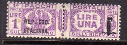 ITALIA REGNO ITALY KINGDOM 1944 RSI REPUBBLICA SOCIALE ITALIANA PACCHI POSTALI PARCEL POST FASCIO LIRE 1LIRA MNH FIRMATO - Paketmarken