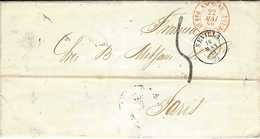 1859- Lettre De Sevilla Pour Paris  Taxe 5 D - Entrée ESPAGNE / PAR StJEAN DE LUZ   Rouge - Marques D'entrées