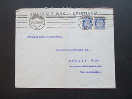 Norwegen 1921 Beleg Jörgen Z. Wilk - Kristiana Nach Berlin An Die Preussische Staatsbank - Storia Postale