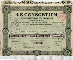 VP16.282 - LIMOGES 1928 - Action - Cie De Réassurance Et D'Assurance ¨ Le Consortium Des Mutuelles De Province ¨ - Banca & Assicurazione