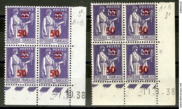 N° 478. 2 Coins Datés Du 7/10/38 Et 11/11/38, Blocs De Quatre Du 50ct Sur 55ct Violet Type PAIX - 1930-1939