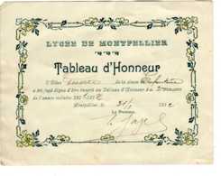 LYCEE DE MOTPELLIER  TABLEAU D'HONNEUR 1912 -DESC2019 GERA ALB - Diplômes & Bulletins Scolaires