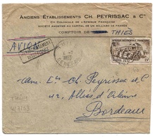 Sénégal Bordeaux Lettre Avion Thies 1953 Griffe Affranchissement Insuffisant Etat Peyrissac Airmail Cover Correo Aéreo - Briefe U. Dokumente