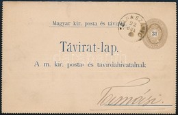 1892 Díjjegyes Zárt Táviratlap, Belül Fekete Számú 15kr Díjkiegészítéssel 'TOLNA-SZÁNTÓ' - 'TAMÁSI' - Andere & Zonder Classificatie