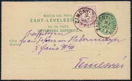 1892 Kétnyelvű 3kr Díjjegyes Zárt Levelező Lap Színes Számú 2kr Díjkiegészítéssel 'ZIMONY - ZEMUN' - Temesvár - Other & Unclassified