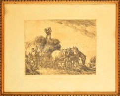 Reich Károly (1922-1988): Szénahordás. Rézkarc, Papír, Jelzett, üvegezett Keretben, 24×31 Cm - Sonstige & Ohne Zuordnung