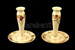 Zsolnay Virágmintás Porcelán Gyertya Tartó Pár, Kézzel Festett, Jelzett, Hibátlan, M: 15 Cm - Sonstige & Ohne Zuordnung