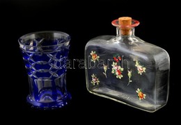 Pálinkás Palack, Kézzel Festett, Hibátlan M:16 Cm, Kéttrétegű Hámozott Pohár, Apró Csorbával, M: 12 Cm - Glass & Crystal