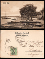 1907 - Portugal Guinea Bissau Postcard Circulated From S. Tomé To Lisbon. Bissau Wharf. Boats. 10r Stamp. - Guinea-Bissau