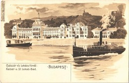 * T2/T3 Budapest II. Császár és Lukács Fürdő, Gőzhajó A Dunán. Litho  (fa) - Unclassified