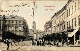 * T2/T3 1907 Arad, Szabadság Tér (déli Részlet), Minoriták Temploma és Rendháza, Színház, üzletek, árusok. Kiadja Kerpel - Unclassified