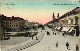T2/T3 1914 Szabadka, Subotica; Deák Utca és Szent István Tér, üzletek, Villamossín. Kiadja Lipsitz / Street View, Square - Sin Clasificación