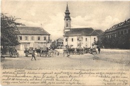 * T3/T4 1904 Zombor, Sombor; Fő Tér, Templom, Lovakocsik Hordókkal, Kovacsovits Radivoj üzlete / Main Square, Church, Sh - Unclassified