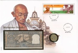 India 'Mahatma Gandhi' érmés és Bankjegyes, Pecsételt Boríték Benne 1969. 20p Al-Br érmével és 1969-1970. 10R Bankjeggye - Unclassified