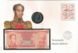 Venezuela 'Simon Bolivar' érmés és Bankjegyes, Pecsételt Boríték Benne 1989. 5B Ni-acél érmével és 1989. 5B Bankjeggyel  - Non Classés