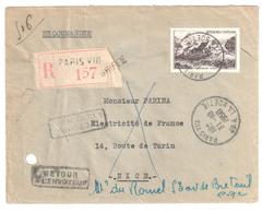 PARIS VIII R. De La Boetie Lettre Recommandée Retour Envoyeur GRIFFE 50 F Mont Gerbier De Jonc Yv 843 Ob 31 10 1950 - Lettres & Documents