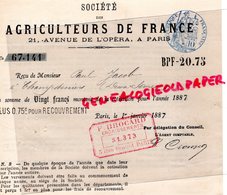 79- CHAMPDENIERS-75- PARIS - AGRICULTURE-RARE RECU SOCIETE AGRICULTEURS DE FRANCE- PAUL JACOB-1887-21 AVENUE OPERA - Landwirtschaft