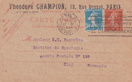 Carte Semeuse Camée 30c Rouge M1 Oblitérée Pour La Roumanie Repiquage Théodore Champion - Cartes Postales Repiquages (avant 1995)