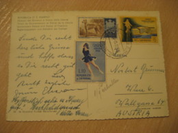 1958 To Wien Austria Ice Skating Cortina Olympics + Dog + Milano Fiera Stamp Palazzo Cancel Post Card SAN MARINO Italy - Storia Postale