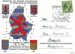 Luxembourg Vers Belgique Sur Carte Postal 1939, Cachet " Journée Du Timbre " - 1926-39 Charlotte Rechterzijde