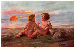 ENFANT : BÉBÉ NU SUR PLAGE / NAKED BABY ON THE BEACH - ILLUSTRATION SIGNÉE / ARTIST SIGNED : W. FIALKOWSKA (ad451) - Fialkowska, Wally