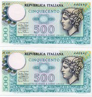 ITALIA 500 LIRE 1974 P-94a1-Firme: Miconi-Nardi-Fabiano.-UNC CONSECUTIVE - 500 Liras