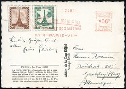 TÜRME : FRANKREICH 1953 (14.5.) AFS.: PARIS-VII/C.3808/PARIS/TOUR EIFFEL/SOMMET 300 METRES Auf 2 Eiffel-Turm-Vignetten + - Monumenten