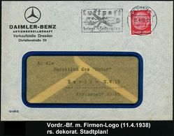 MERCEDES-BENZ  / DAIMLER BENZ : Dresden A 1 1938 (11.4.) Firmen-Bf.: DAIMLER-BENZ AG, Verkaufsstelle Dresden.., Rs. Stad - Voitures