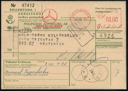 MERCEDES-BENZ  / DAIMLER BENZ : SCHWEDEN 1972 (2.10.) AFS: SOLLENTUNA/ MERCEDES-BENZ (MB-Logo) Klar Gest. Inl.-Paketkart - Cars