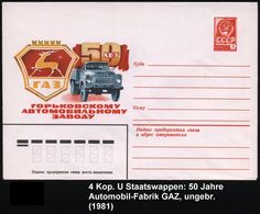 LASTKRAFTWAGEN / LKW : UdSSR 1981 4 Kop. U Staatswappen, Lilarot: 50 Jahre "GAZ"-LKW-Werk (LKW U. Firmenlogo Mit Hirsch) - Trucks