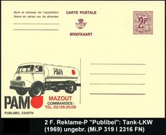SPEZIAL-KFZ / BAU-KFZ / KRAN-KFZ : BELGIEN 1969 2 F. Reklame-P. Löwe, Karmin: PAM MAZOUT COMMANDES.. = Heizöl-LKW , Unge - Camion