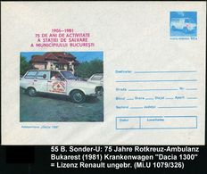 SPEZIAL-KFZ / BAU-KFZ / KRAN-KFZ : RUMÄNIEN 1981 55 B. Sonder-U. Krankenwagen, Blau: 75 Jahre Unfall- U. Rettungsdienst  - Camion
