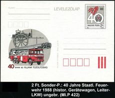 SPEZIAL-KFZ / BAU-KFZ / KRAN-KFZ : UNGARN 1988 2 Ft. Sonder-P. "40 Jahre Staatl. Feuerwehr" = Feuwehr-Leiter-LKW (u. Feu - Vrachtwagens