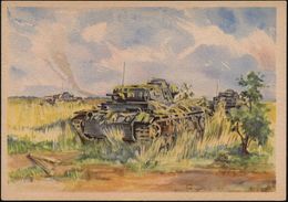 GEPANZERTE KRAFTFAHRZEUGE / PANZER : DEUTSCHES REICH 1942 Color-Künstler-Propaganda-Ak.: GETARNTE PANZER = 3 Panzer III  - Sonstige (Land)