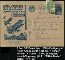 GEPANZERTE KRAFTFAHRZEUGE / PANZER : UdSSR 1933 (5.4.) 3 Kop. BiP Bauer, Blau: 6. Staatslotterie 100%ige Festigung Der R - Autres (Terre)