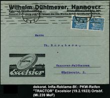 REIFEN & RÄDER : Hannover 1 1923 (14.2.) Reklame-Bf.: Excelsior TRACTOR, Wilhelm Dühlmeyer.. (Fahrrad-Großhandlung..Gene - Automobili