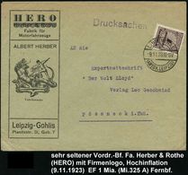 MOTORRAD & ZUBEHÖR : LINDENTHAL/ (AMTSH. LEIPZIG) 1923 (9.11.) 1K-Brücke Auf Infla EF 1 Mia. Gez. , Reklame-Bf: HERO, Fa - Motorräder