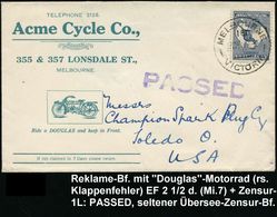 MOTORRAD & ZUBEHÖR : AUSTRALIEN 1917 (17.12.) Reklame-Bf.: Acme Cycle Co,/..MELBOURNE = Motorrad + Viol. Zensur-1L: PASS - Motorfietsen