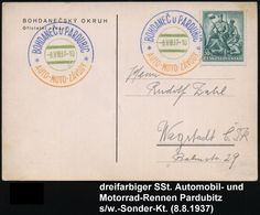 MOTORSPORT / MOTORSPORT-VERBÄNDE : TSCHECHOSLOWAKEI 1937 (8.8.) Dreifarbiger SSt: BOHDANEC U PARDUBICE/AUTO-MOTO-ZAVODY  - Auto's