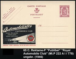 AUTO-KLUBS / VERBÄNDE : BELGIEN 1946 65 C. Reklame-P. Löwe, Braunlila: ROYAL AUTOMOBILE CLUB BELGIQUE.. (= PKW Mit Leuch - Auto's