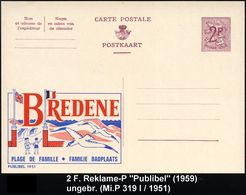 TOURISMUS / REISEN / CAMPING : BELGIEN 1959 2 F. Reklame-P Weinrot: BREDENE/PLAGE DE FAMILLE.. = Dünen, 2 Möwen (u. 2 Ki - Other & Unclassified