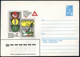 UNFALL / UNFALLVERHÜTUNG : UdSSR 1980 4 Kop U Staatswappen Blau: Fußgänger, Autofahrer... (Unfallopfer, Tacho, Schild "G - Accidents & Road Safety