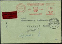 BANK / GELD : (16) FRANKFURT (MAIN) 4/ FRANKFURTER BANK/ Gegr.1654.. 1957 (6.12.) AFS 120 Pf. (Wappen) Ausl.-Eil-Bf. (rs - Ohne Zuordnung